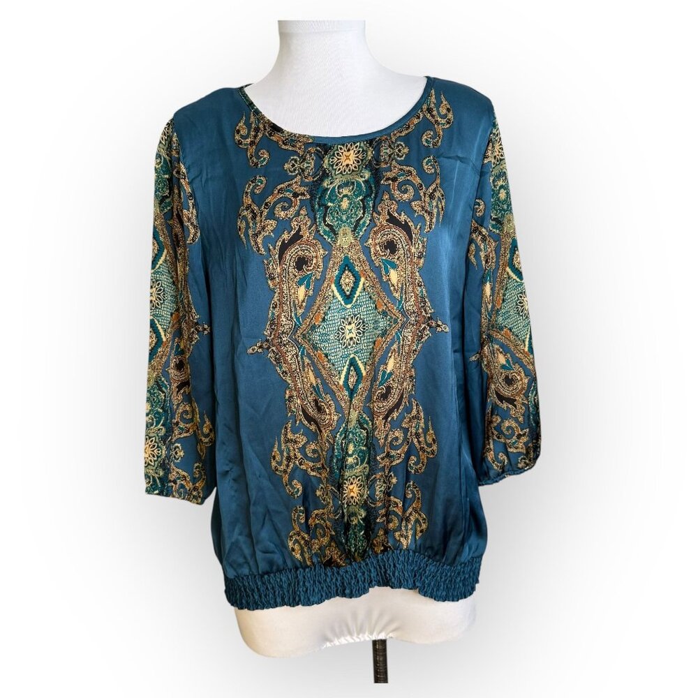 Roz & Ali Turquoise‎ and Gold Boho Elastic Hem Blouse